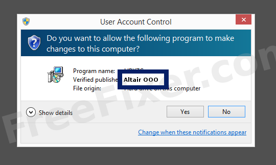 Screenshot where Altair OOO appears as the verified publisher in the UAC dialog